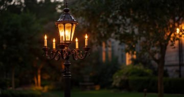 Eleganter Kandelaber mit Bewegungsmelder im Garten bei Abenddämmerung