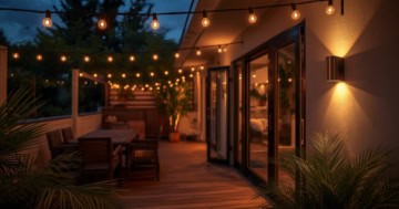 Moderne Terrasse bei Nacht mit warmer LED Terrassenbeleuchtung und Lichterketten